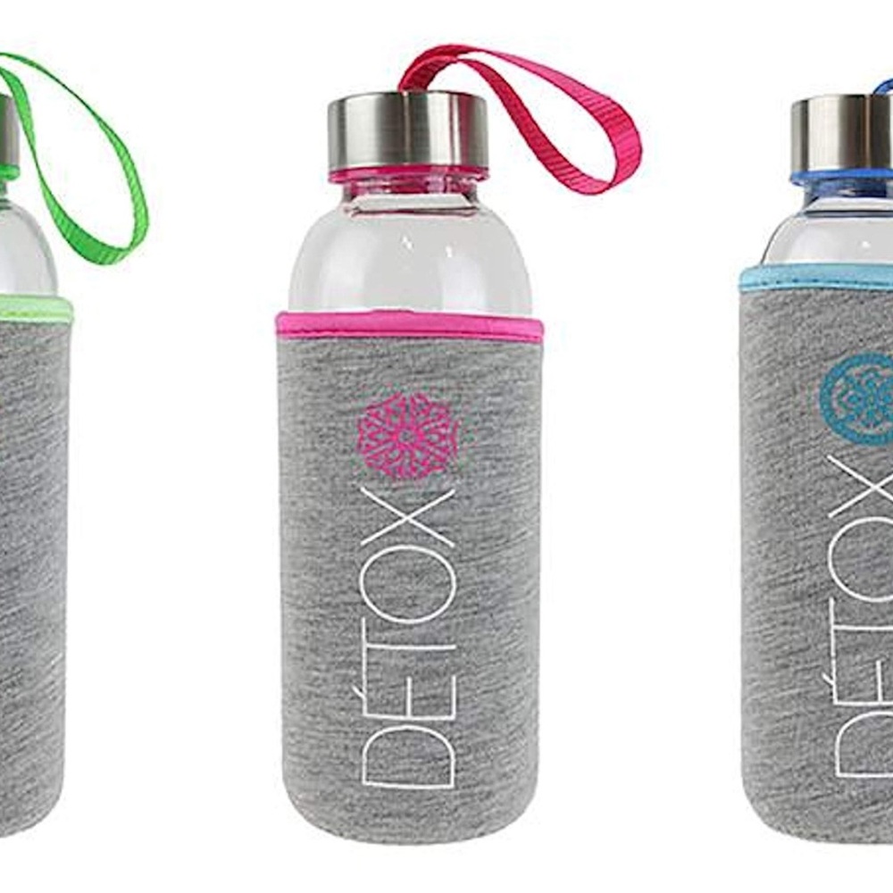 Gray Glass Water Bottle with Pink Strap